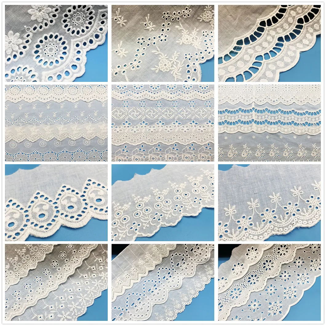 100% Pure White Cotton Embroidery Lace Trim Fabric in for Clothing Fabrics Wedding Dress